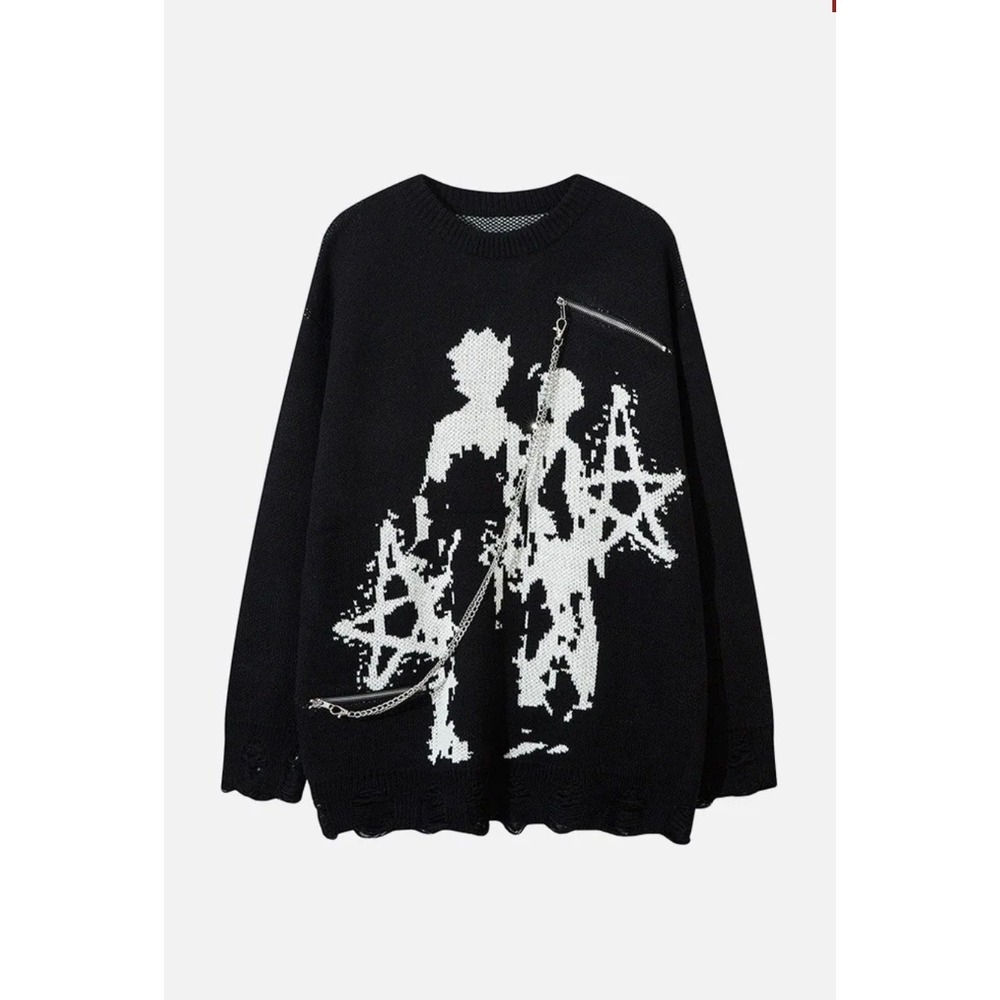 Supermade Pixelated Graphic Knit Sweater Black Distressed Chain Detail Mens M